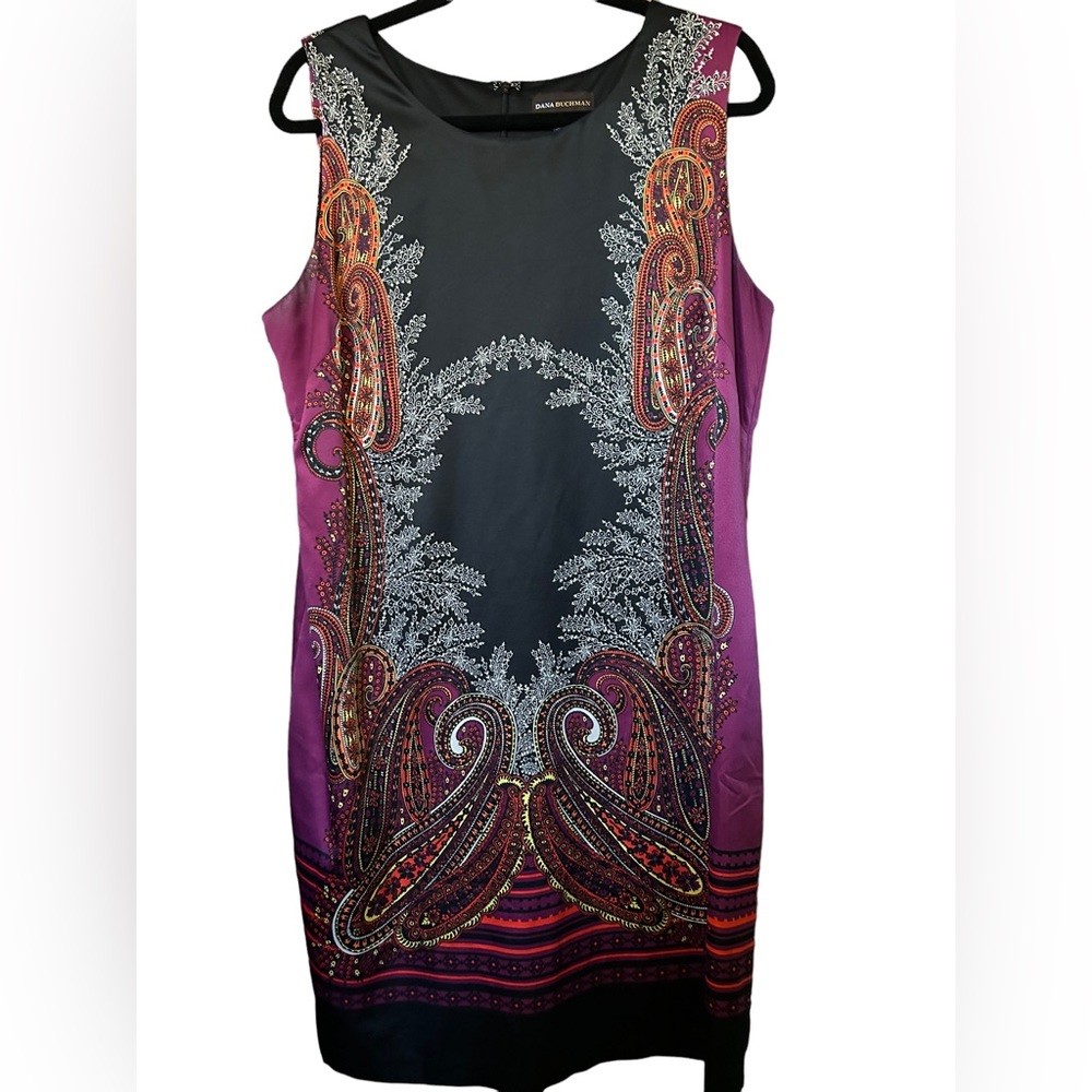 Dana Buchman Size 14 Black Silky Paisley print Sleeveless Dress